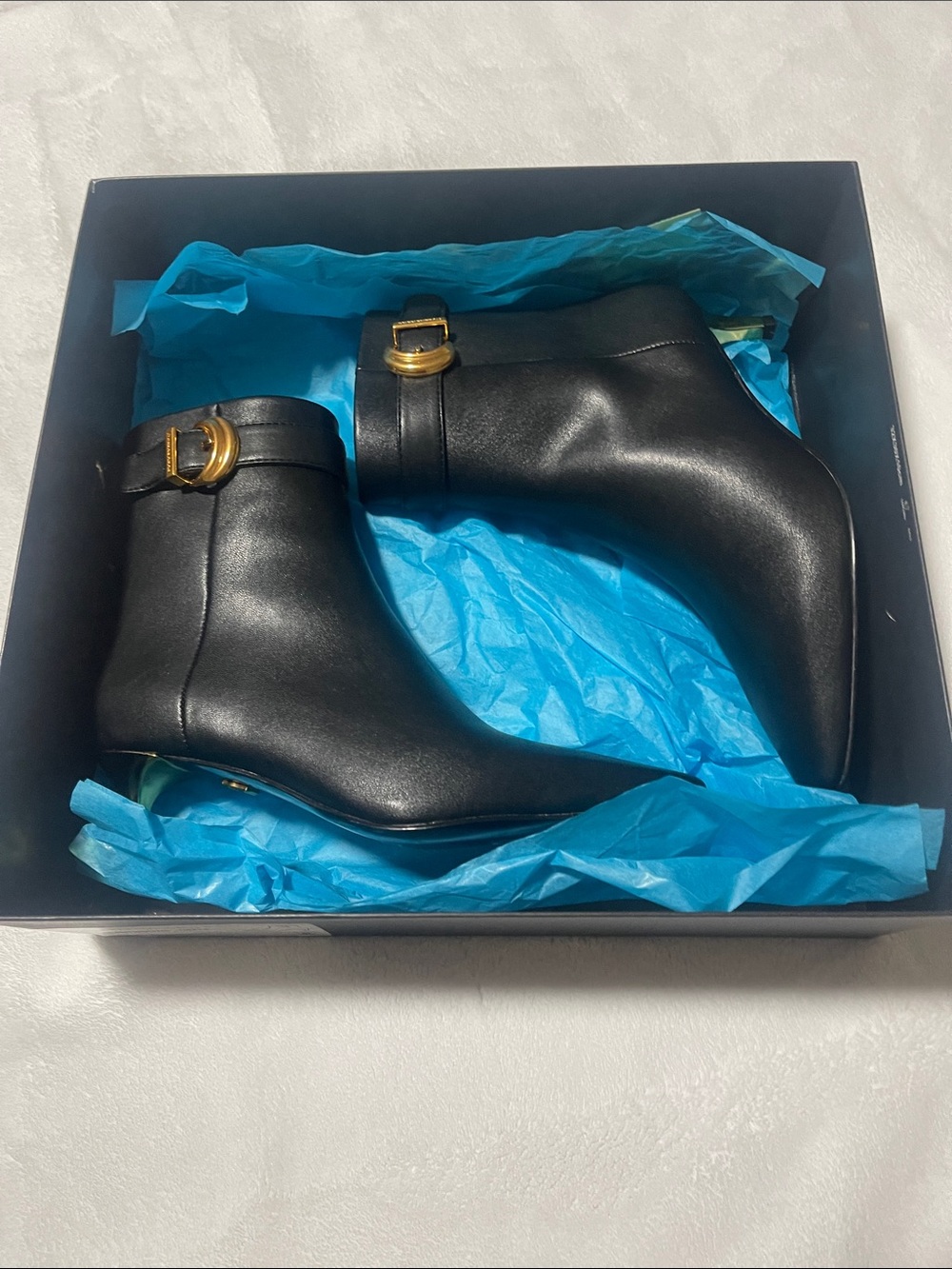 Donna karan Black Leather Ankle Boots with Gold Buckle